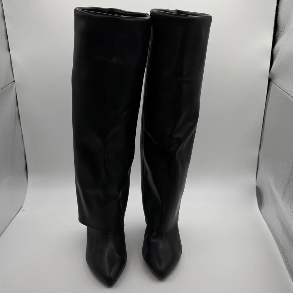 NEW MADDEN GIRL BLACK LEATHER TALL POINTED TOE BOOTS - Picture 2 of 9